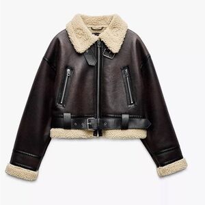 Zara Double Faced Aviator Jacket Dark Brown Borg Lined M